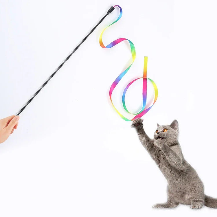 Interactive Coloured Ribbon Cat Toys Teasing Catd Stick Satin Ribbon Cat Stick Toys Kitten Playing Teaser Wand Toy Pet Supplies