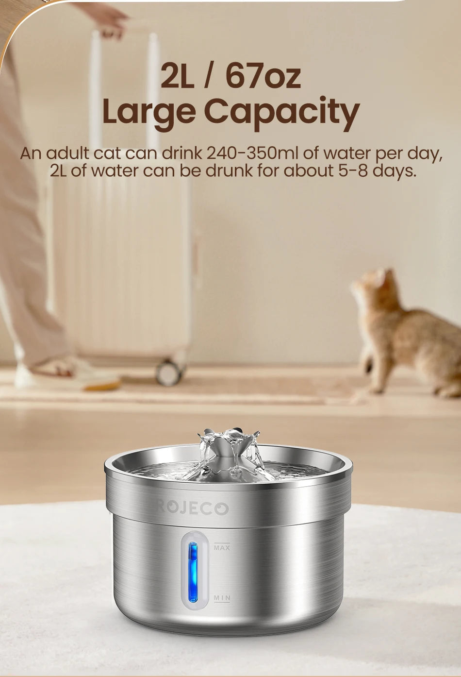 ROJECO Stainless Steel Pet Drinking Fountain Automatic Cat Water Fountain Smart Pet Water Dispenser for Dog Cat Drinking Supply
