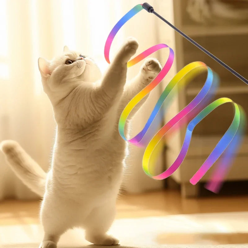 Interactive Coloured Ribbon Cat Toys Teasing Catd Stick Satin Ribbon Cat Stick Toys Kitten Playing Teaser Wand Toy Pet Supplies